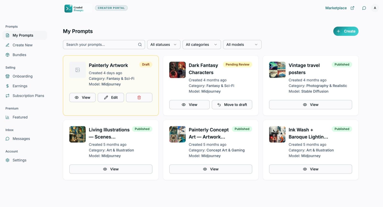 The creator portal's My Prompts view with listings marked Draft, Pending Review, and Published, and a sidebar for onboarding, earnings, subscription plans, featured placement, and messages